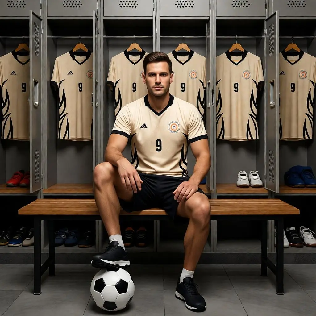 Soccer player sitting in a locker room wearing a custom soccer jersey mockup with jerseys hanging behind him.