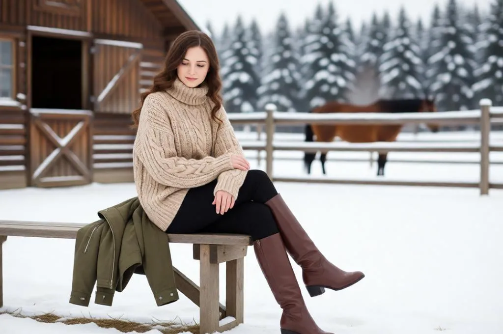 Woman in a chunky knit sweater at the Snowy Horse Ranch.
