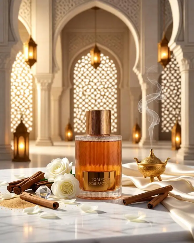 Luxury perfume bottle on white marble inside an elegant Arabian palace with golden lanterns and white flowers.