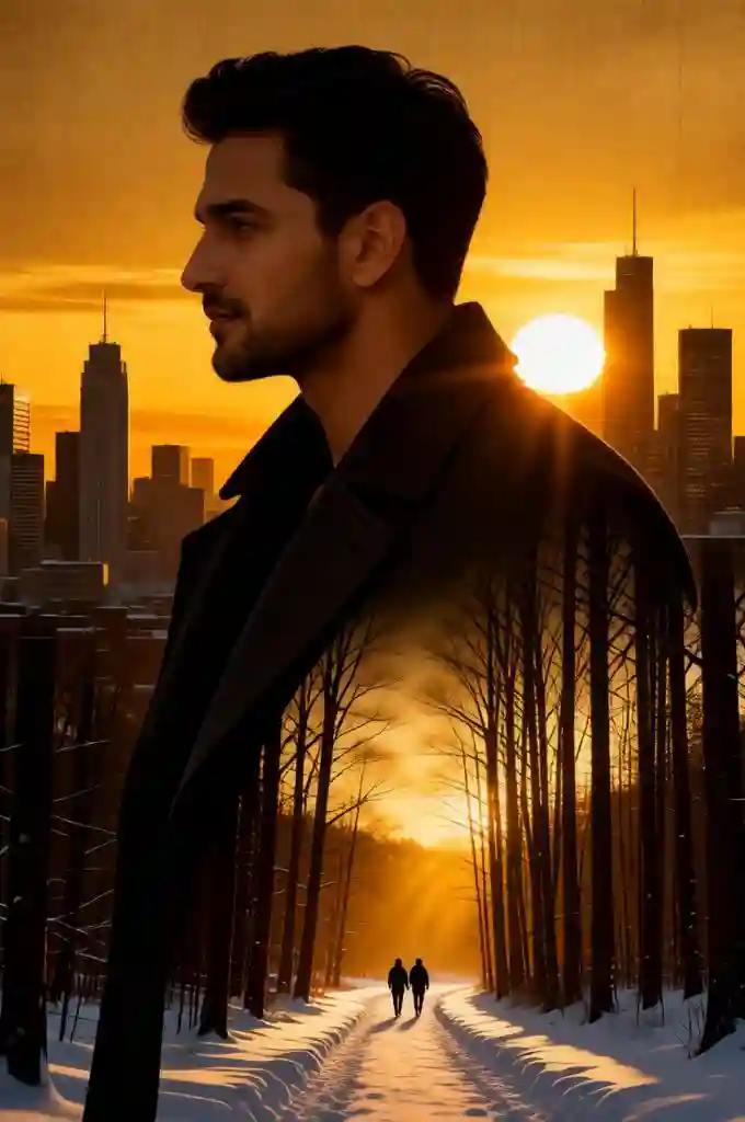Man’s portrait merged with a cityscape and winter forest.