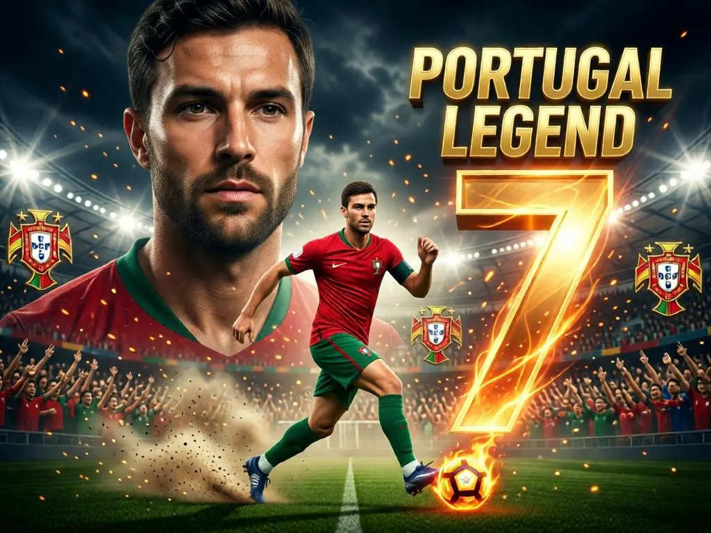 Portugal football legend poster with an action shot and a fan crowd.