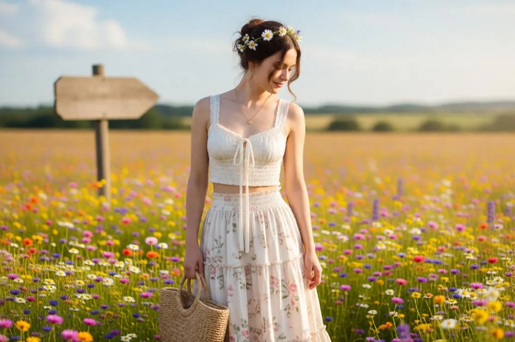 Woman in cottagecore floral skirt standing in wildflower field.