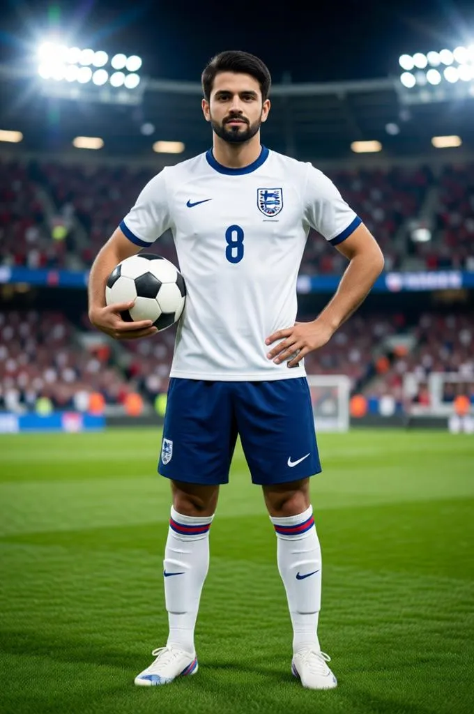 English footballer standing on the pitch holding a classic football under his arm.