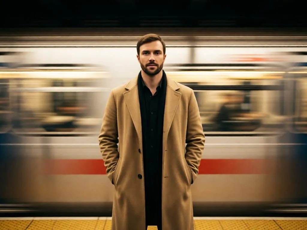 Man on platform with speeding train blur.