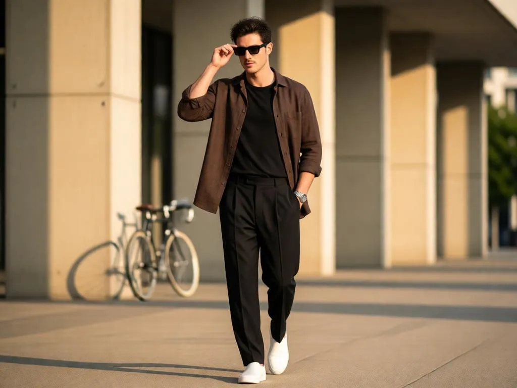 A man in an oversized overshirt and wide-leg trousers is walking in the city.