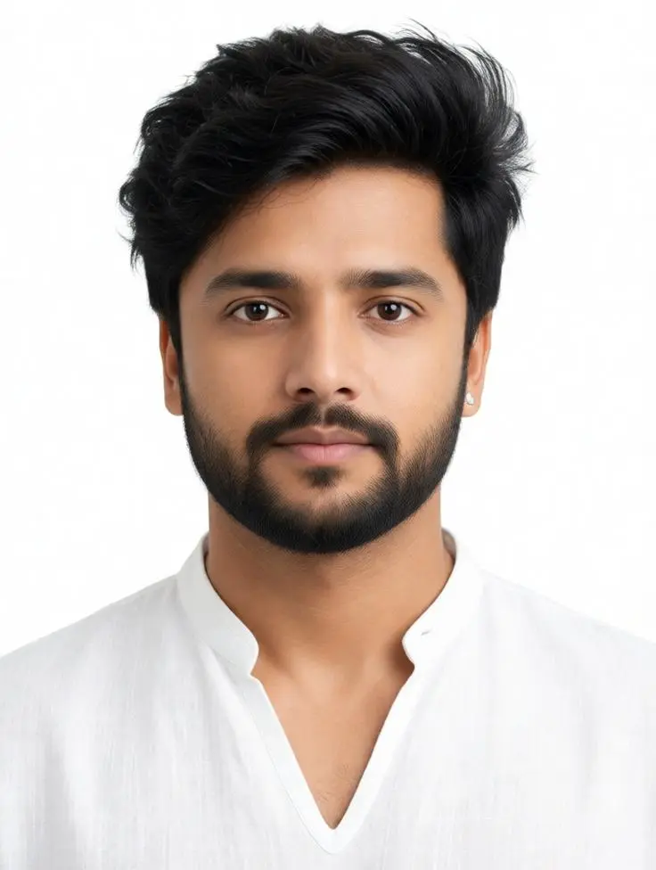 Indian passport-size photo of an adult person with a neutral expression on a pure white background, suitable for passport, Aadhaar, and PAN card applications.