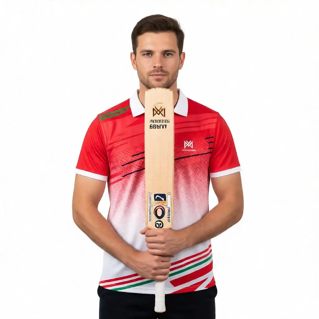 Male cricketer holding a bat while wearing a custom cricket jersey mockup on a white studio background.
