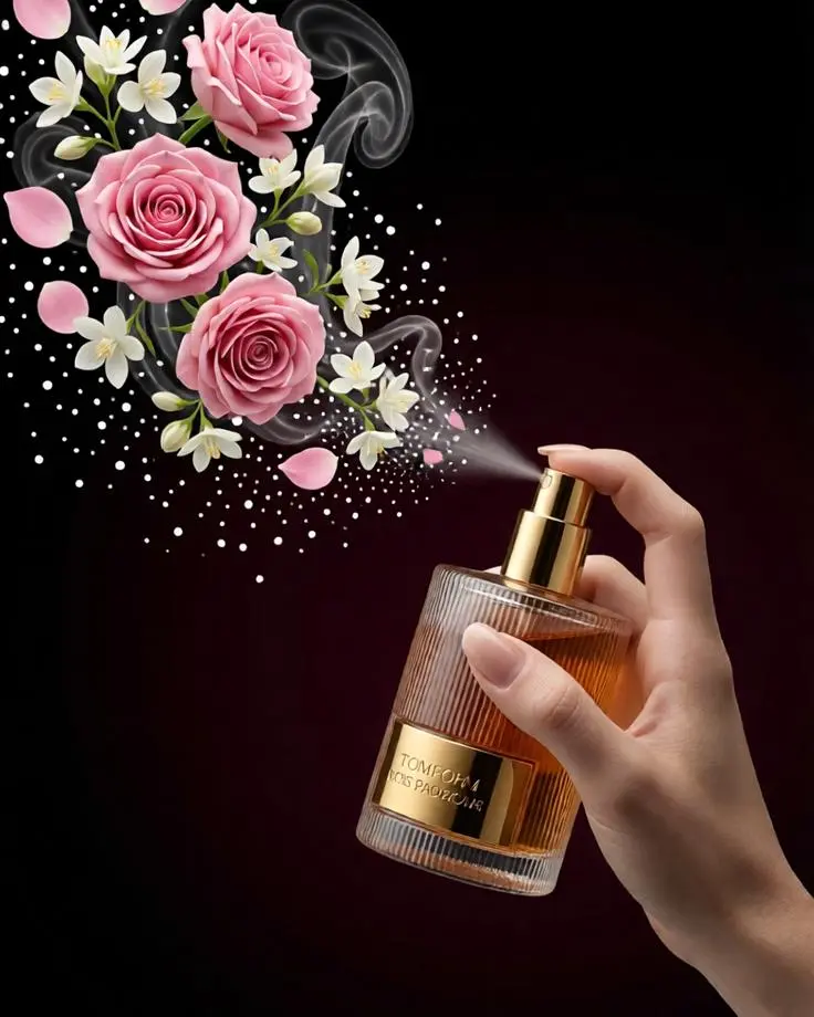 Perfume bottle spraying floral mist with pink roses and jasmine against a dark luxury background.