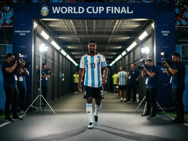 Football player walking through the stadium tunnel before a World Cup final.