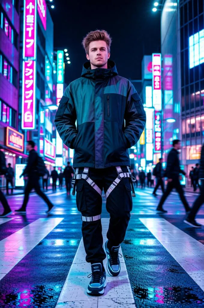 Man in futuristic techwear crossing a neon-lit city street with glowing signs and rain-soaked reflections.
