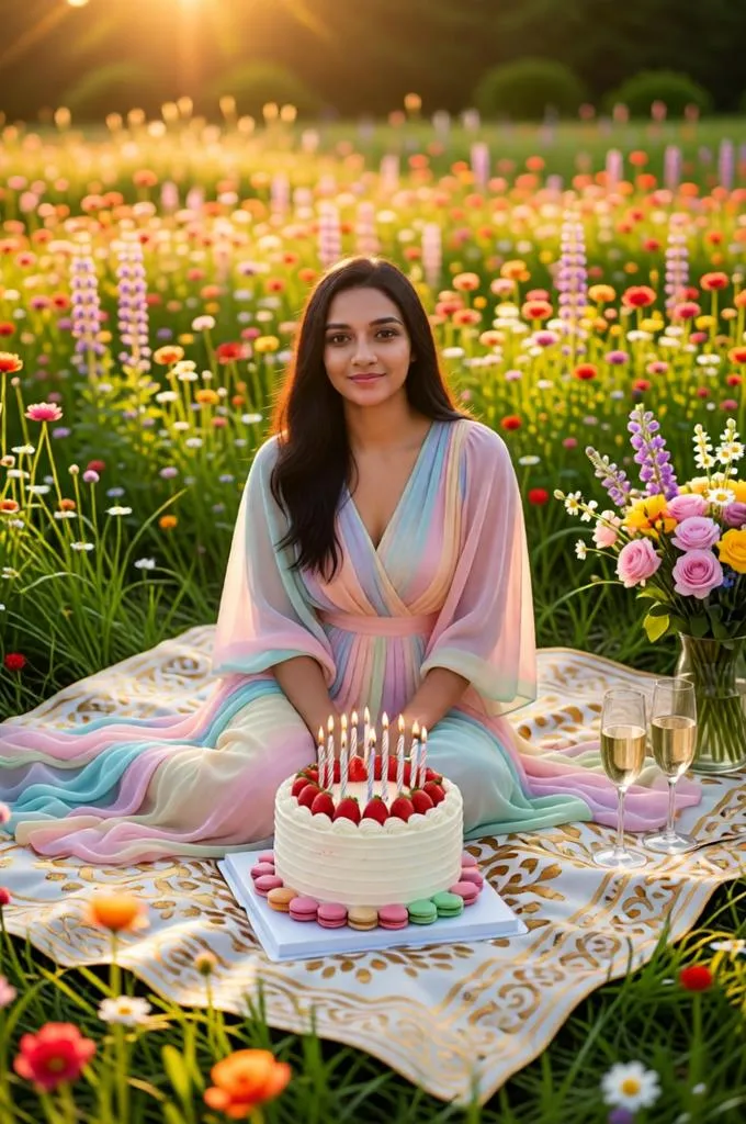 A dreamy golden-hour birthday picnic in a flower-filled meadow with a decorated cake and romantic outdoor atmosphere.