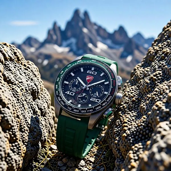Rugged sports watch positioned between weathered mountain rocks with dramatic alpine peaks blurred in the distance.