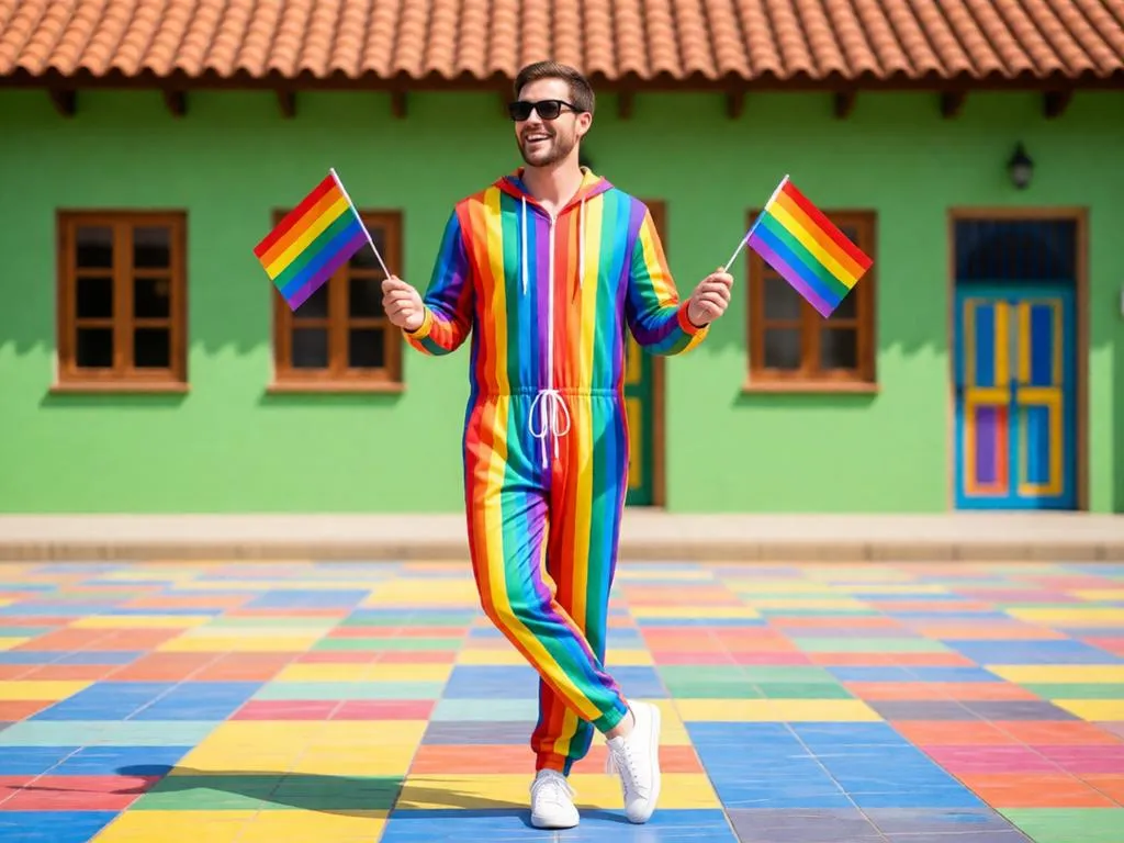 Man in a rainbow jumpsuit holding Pride flags outdoors.Man in a rainbow jumpsuit holding Pride flags outdoors.
