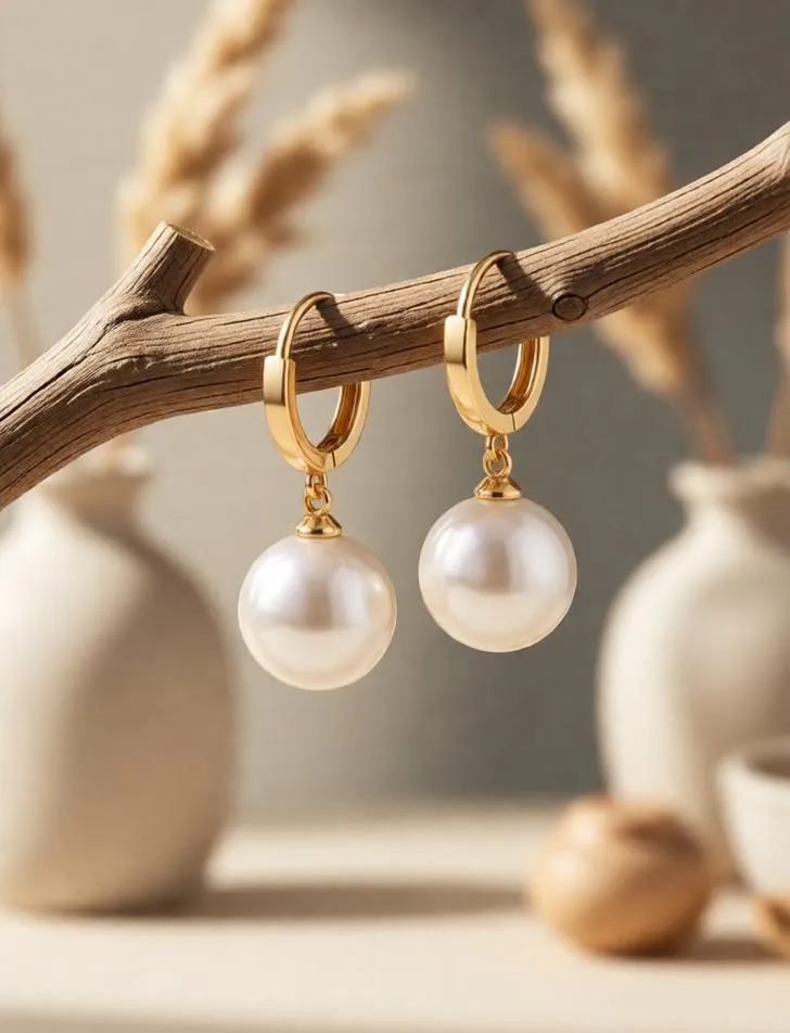 Pearl earrings on a wooden branch product photography.