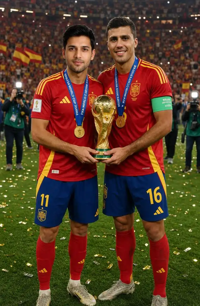 Fan celebrating with Spain captain Rodri while holding the FIFA World Cup trophy.