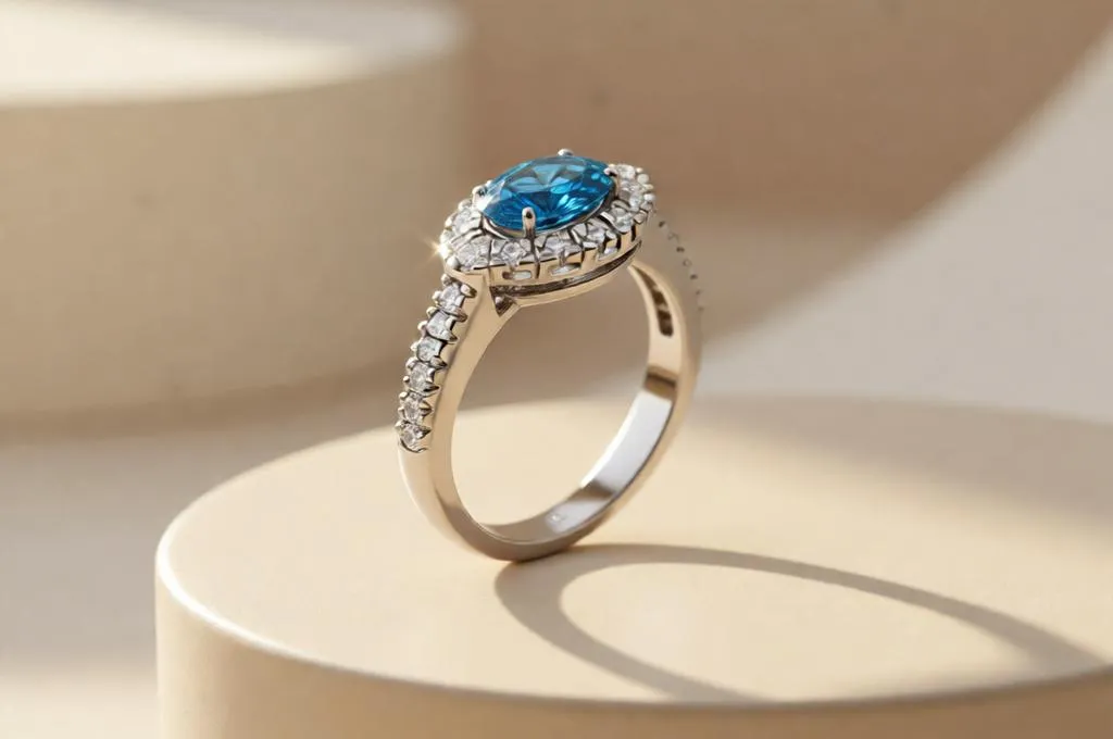 Diamond ring on beige pedestal, luxury product photography.