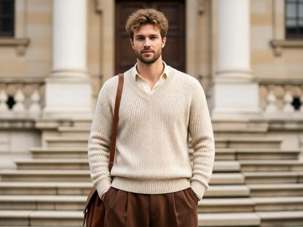 Man in a knit sweater and tailored trousers outside a historic building.