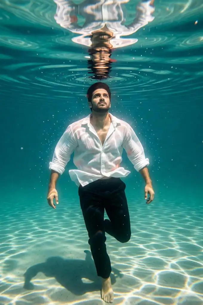 Bearded man floating beneath the ocean surface.