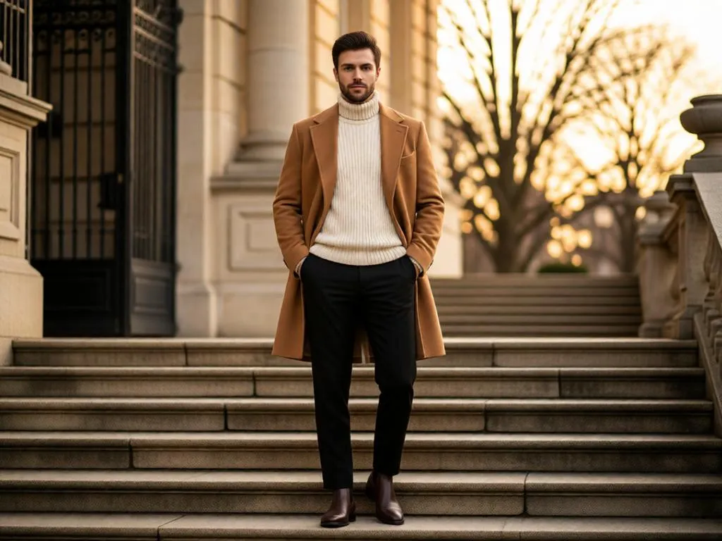 Man in camel overcoat and turtleneck on stone steps.