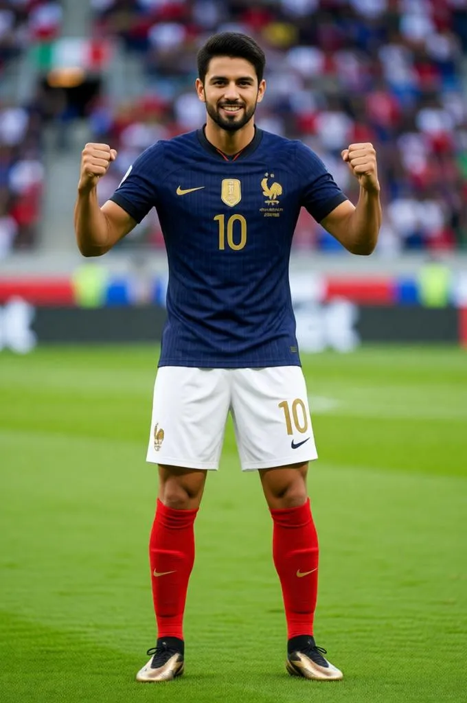 French footballer celebrating with raised fists on a football field.