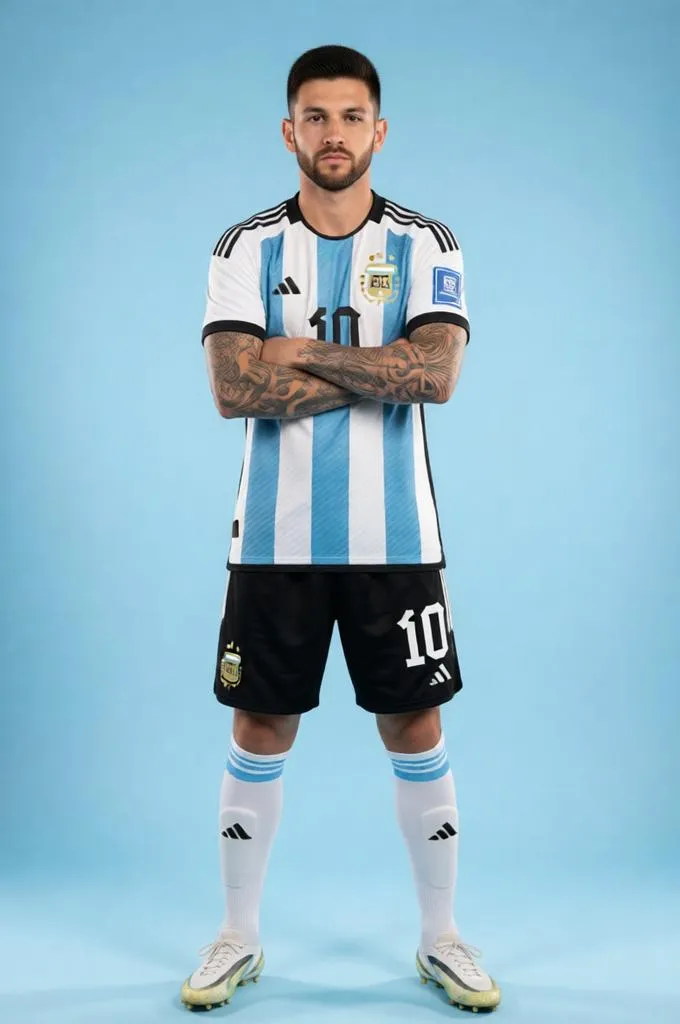 Argentine footballer with crossed arms posing in a studio wearing the national team kit.