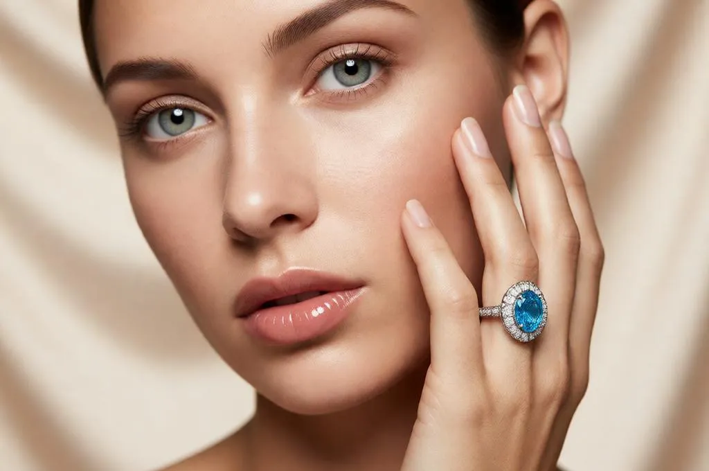 Luxury diamond ring beauty campaign with a female model.