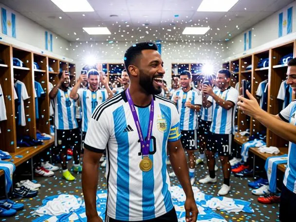 Person celebrating Argentina's World Cup victory inside the team's locker room.
