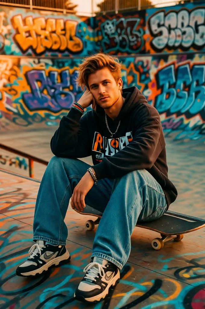 Man in an oversized hoodie and loose-fit jeans sitting casually at a colorful graffiti-covered skatepark.