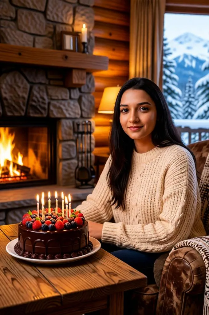A cozy winter birthday scene beside a fireplace with a chocolate cake and warm cabin lighting.