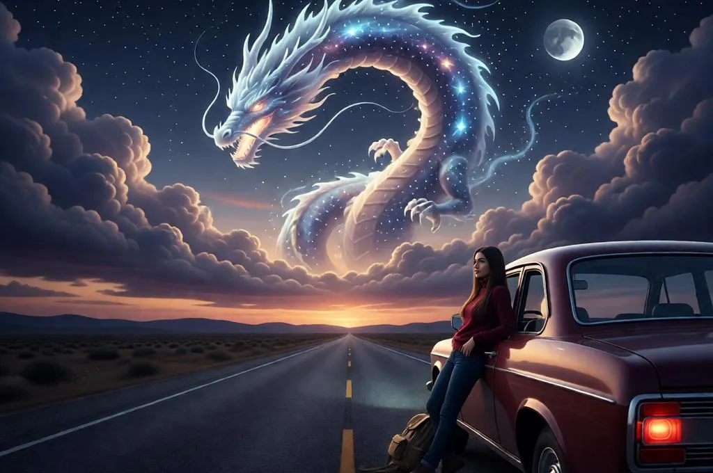 A road-trip explorer watches a celestial dragon of mist and stars coil above a deserted highway at dusk.