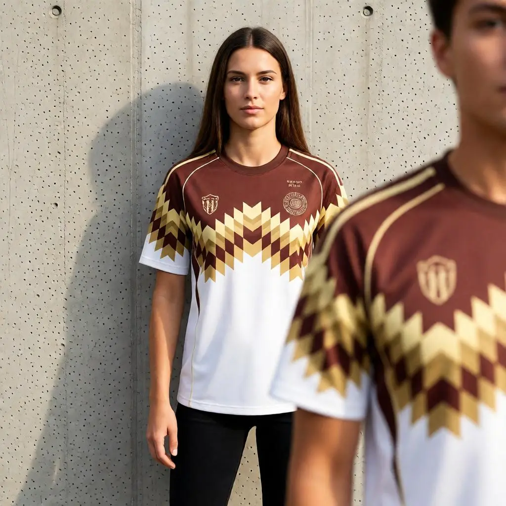 Female athlete wearing a custom football jersey mockup against a concrete wall with a blurred player in the foreground.