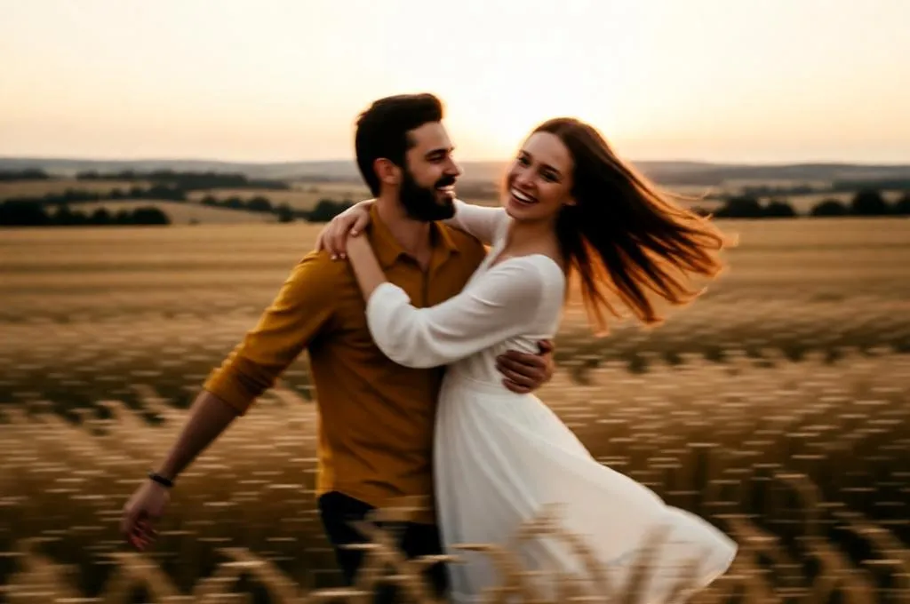 A couple spinning in a sunset field.