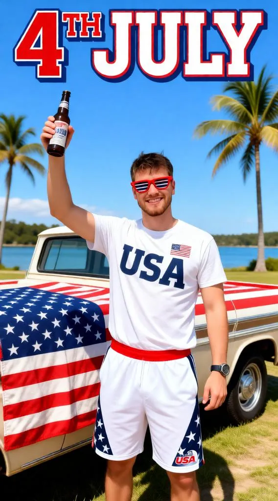 Man celebrating the 4th of July beside a decorated pickup truck.