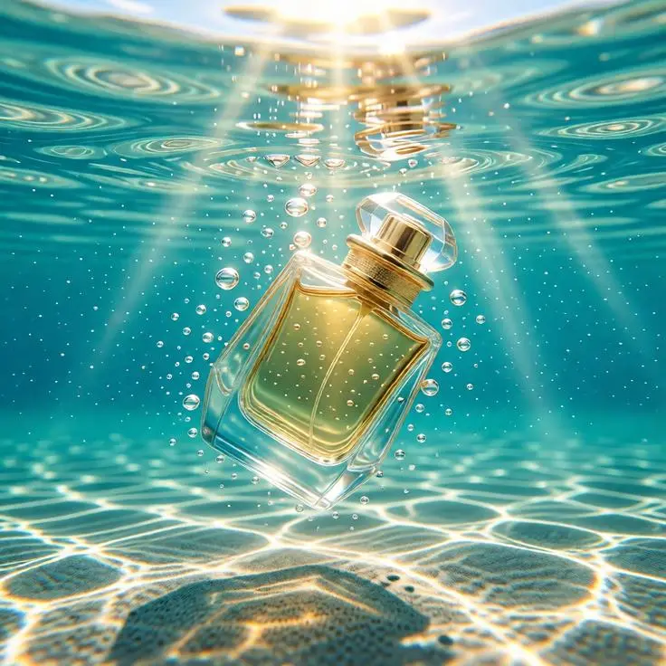 Luxury perfume bottle floating underwater with sun rays, bubbles, and tropical ocean scenery.