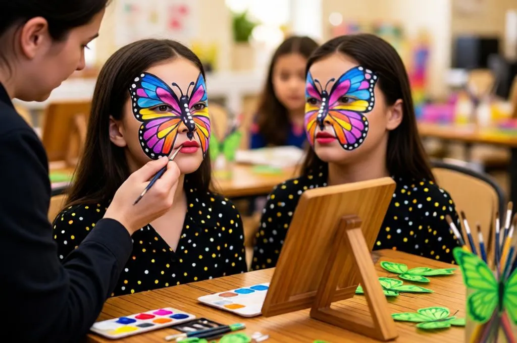 Child getting a colorful butterfly face painting at an event.