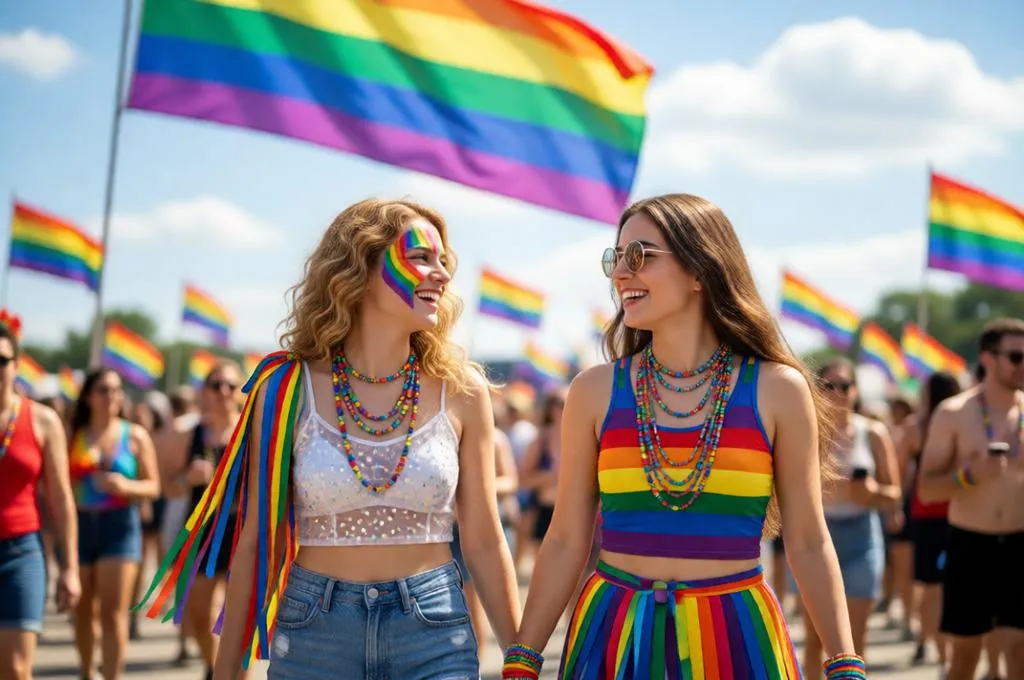 Two women holding hands and smiling at a Pride festival.