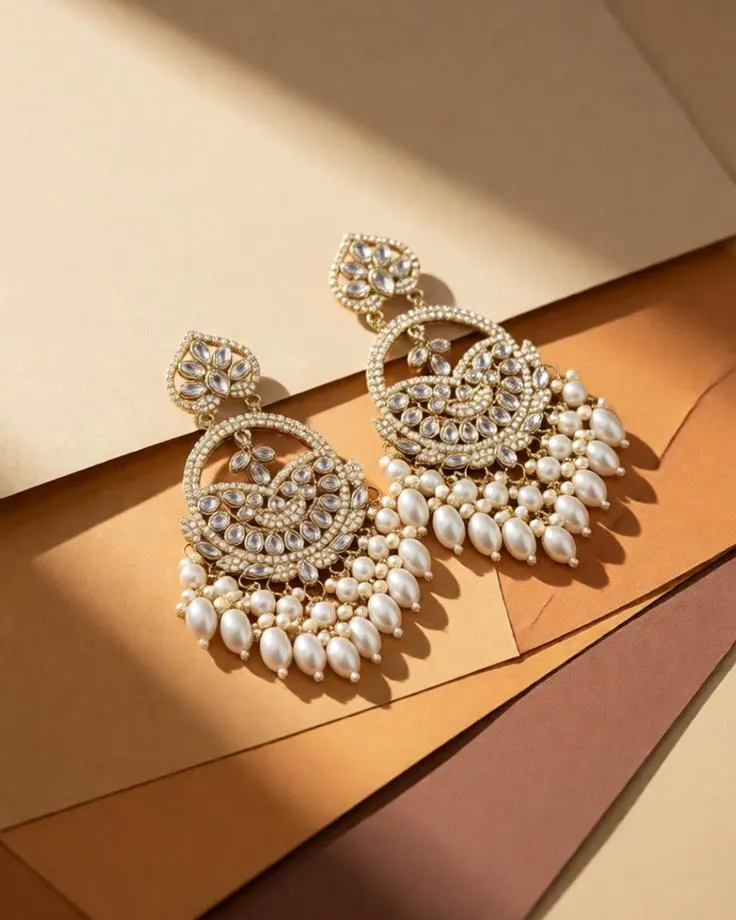 Luxury earrings flat lay on a textured paper background.