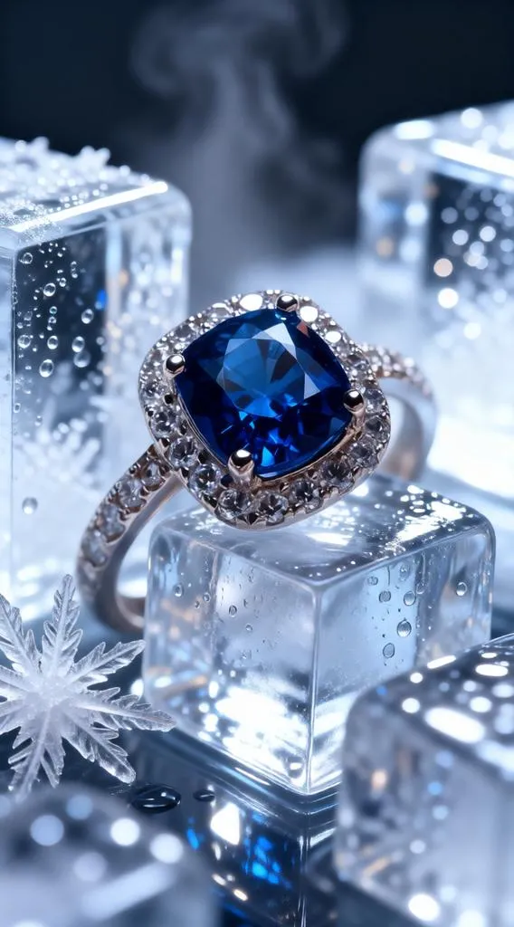Diamond ring on ice, luxury winter jewelry campaign.