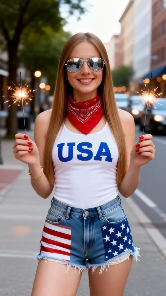 Patriotic woman holding sparklers in a USA-themed outfit.