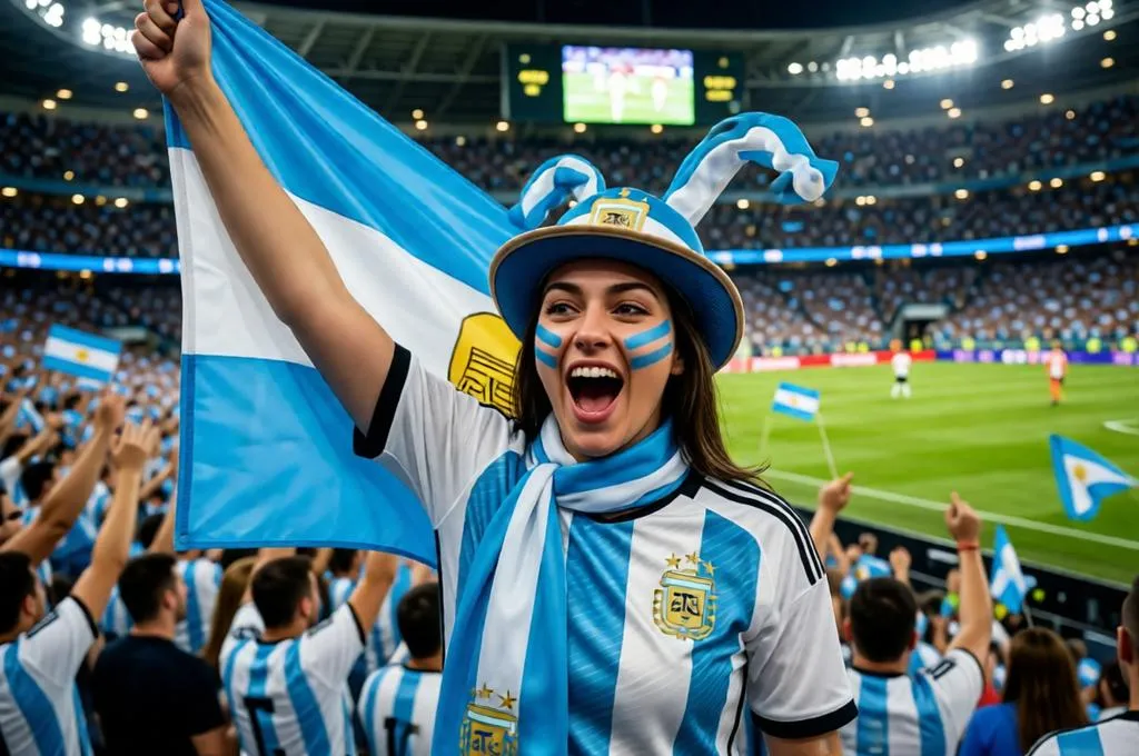 Passionate Argentina football fan waving a flag and cheering in a packed stadium.