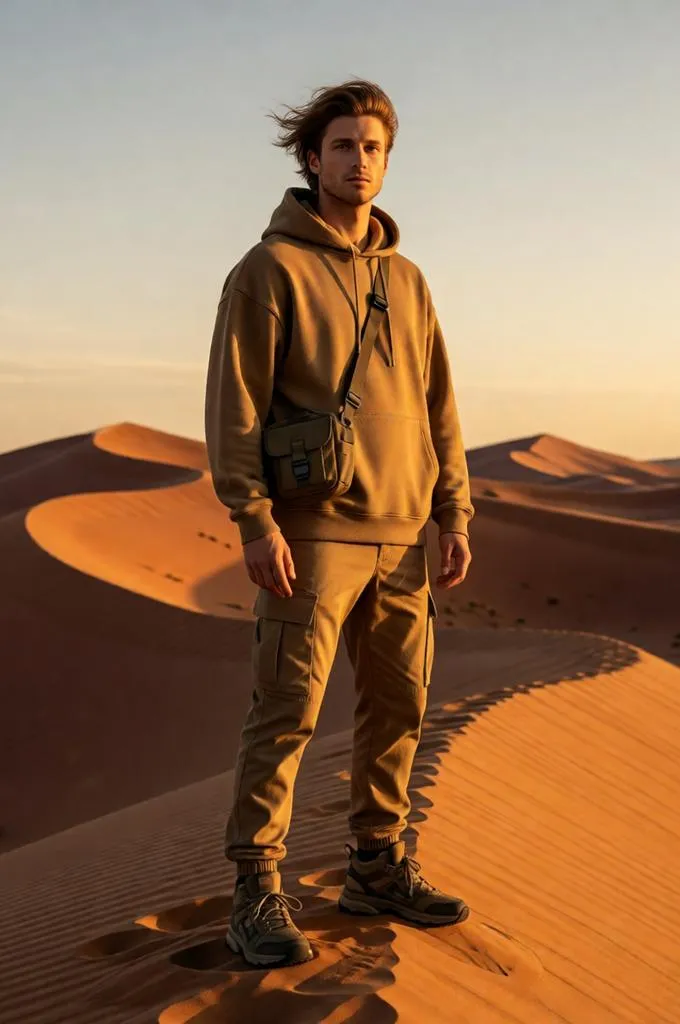Man in earth-tone streetwear standing confidently atop dramatic desert sand dunes at golden hour.