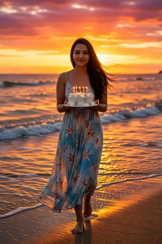 A sunset beach birthday celebration featuring a small decorated cake, flowing outfit, and ocean views.
