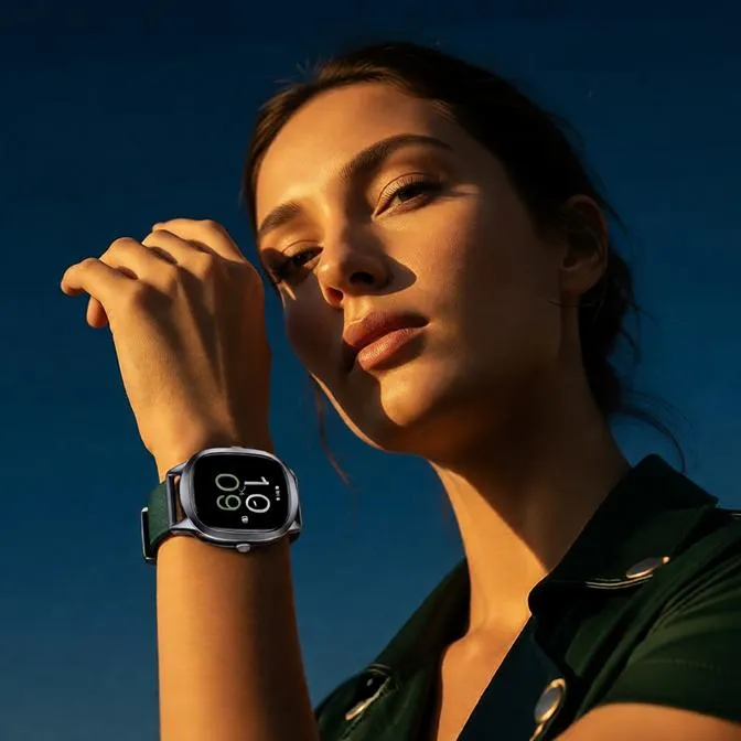 Modern smartwatch showcased by a fashion model against a deep blue sky, illuminated by cinematic golden-hour light.