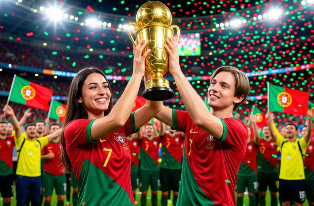 Portugal couple lifting the championship trophy during a football celebration.