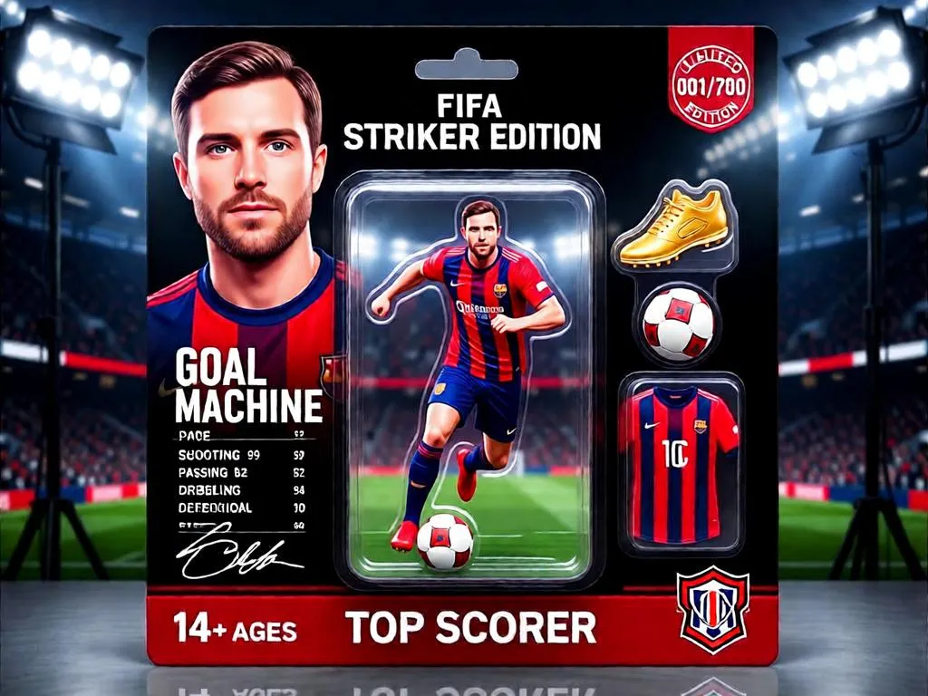 Striker action figure with golden boot and football accessories.