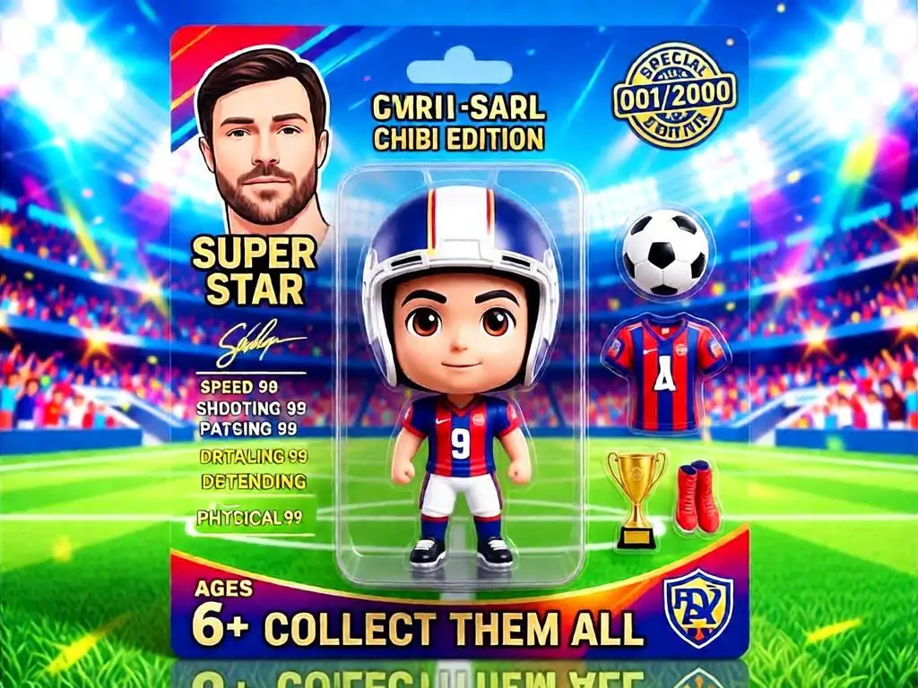 Chibi football action figure in colorful collectible toy box.
