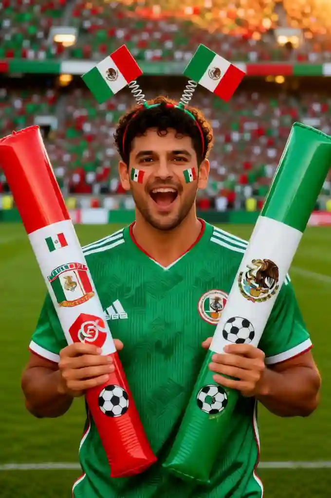 Mexico football fan with cheering sticks.