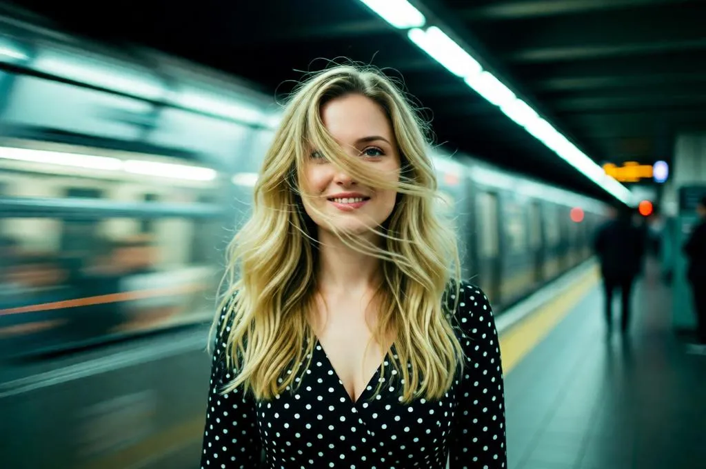 Woman in subway with dreamy blur effect.