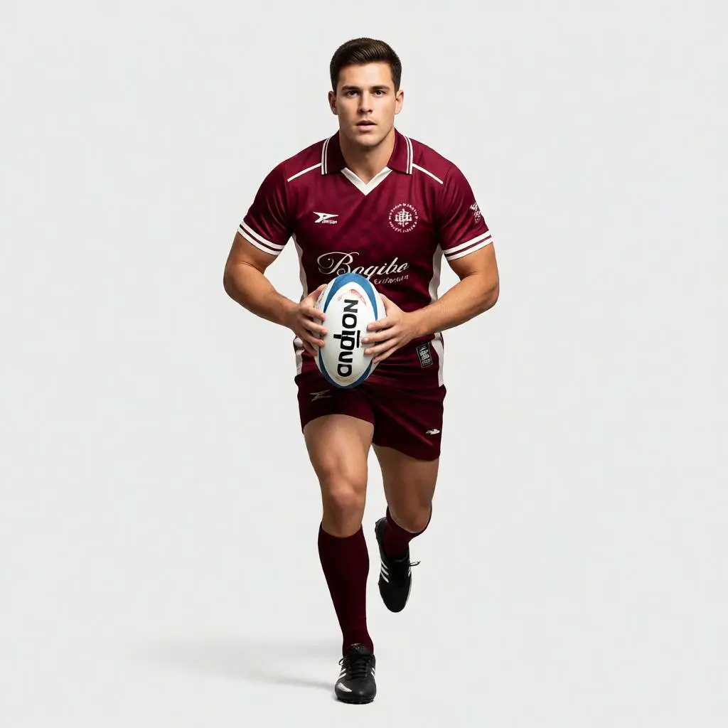 Rugby player in a running pose wearing a custom rugby jersey mockup and holding a rugby ball.