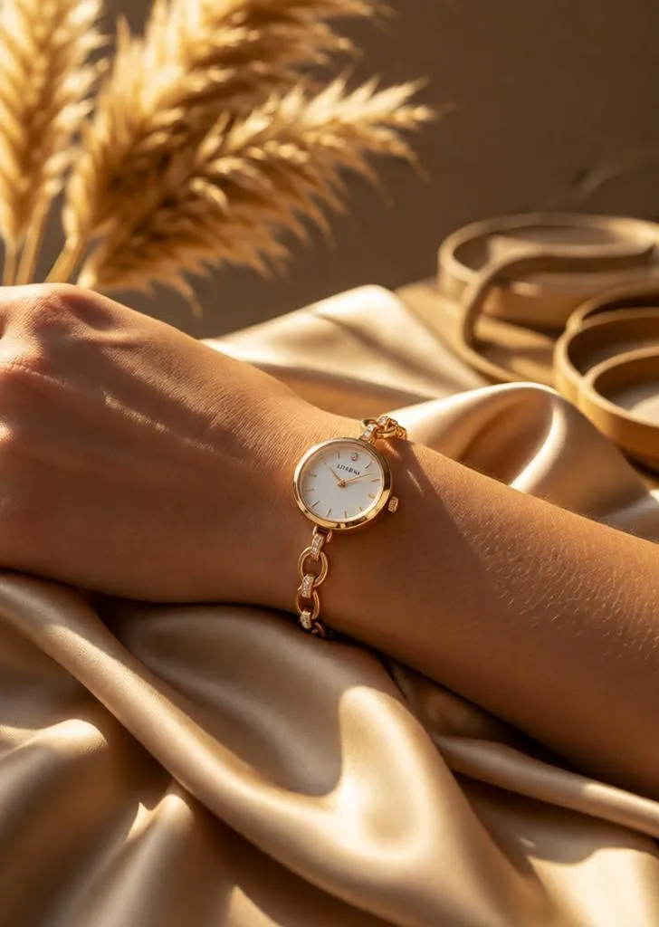Gold watch lifestyle photography on champagne silk.